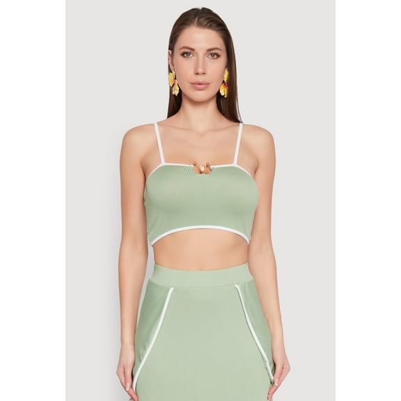 Womens Metallic Notch Neck Contrast Trim Crop Top