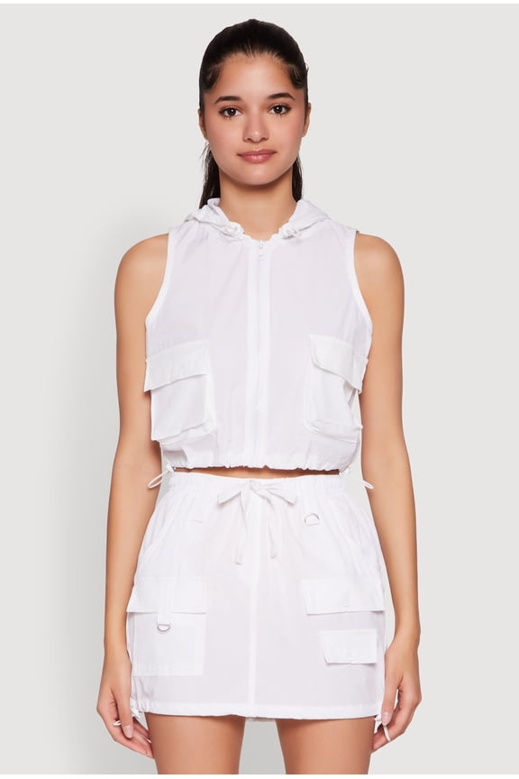 Female Adult Nylon Utility Zip Front Hooded Top Sleeveless, Hoodie, Cropped Hem, Cargo Pocket(s), Zippers, Solid, Toggle Drawstring , Nylon