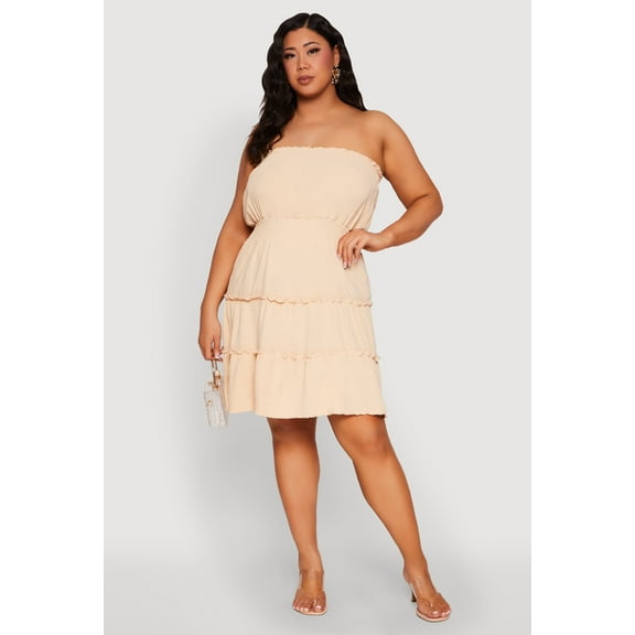 Womens Plus Size Airy Strapless Smocked Tiered Dress