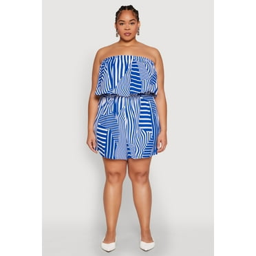 Womens Plus Size Assorted Stripe Print Ruffle Overlay Romper