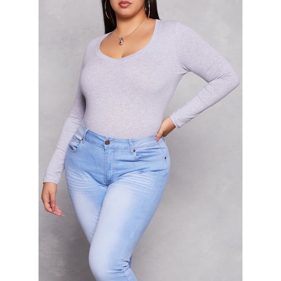 Womens Plus Size Basic Long Sleeve V Neck Tee