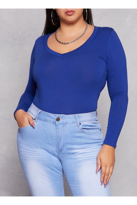 Women's Plus Size Basic Long Sleeve V Neck Tee