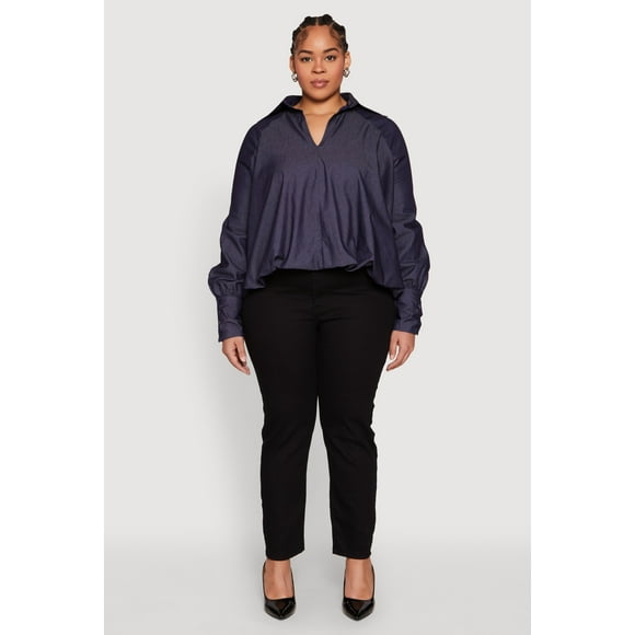 Womens Plus Size Chambray Bubble Hem Blouse