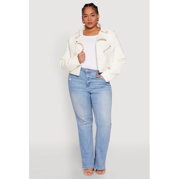 Womens Plus Size Daisy Faux Leather Cropped Moto Jacket