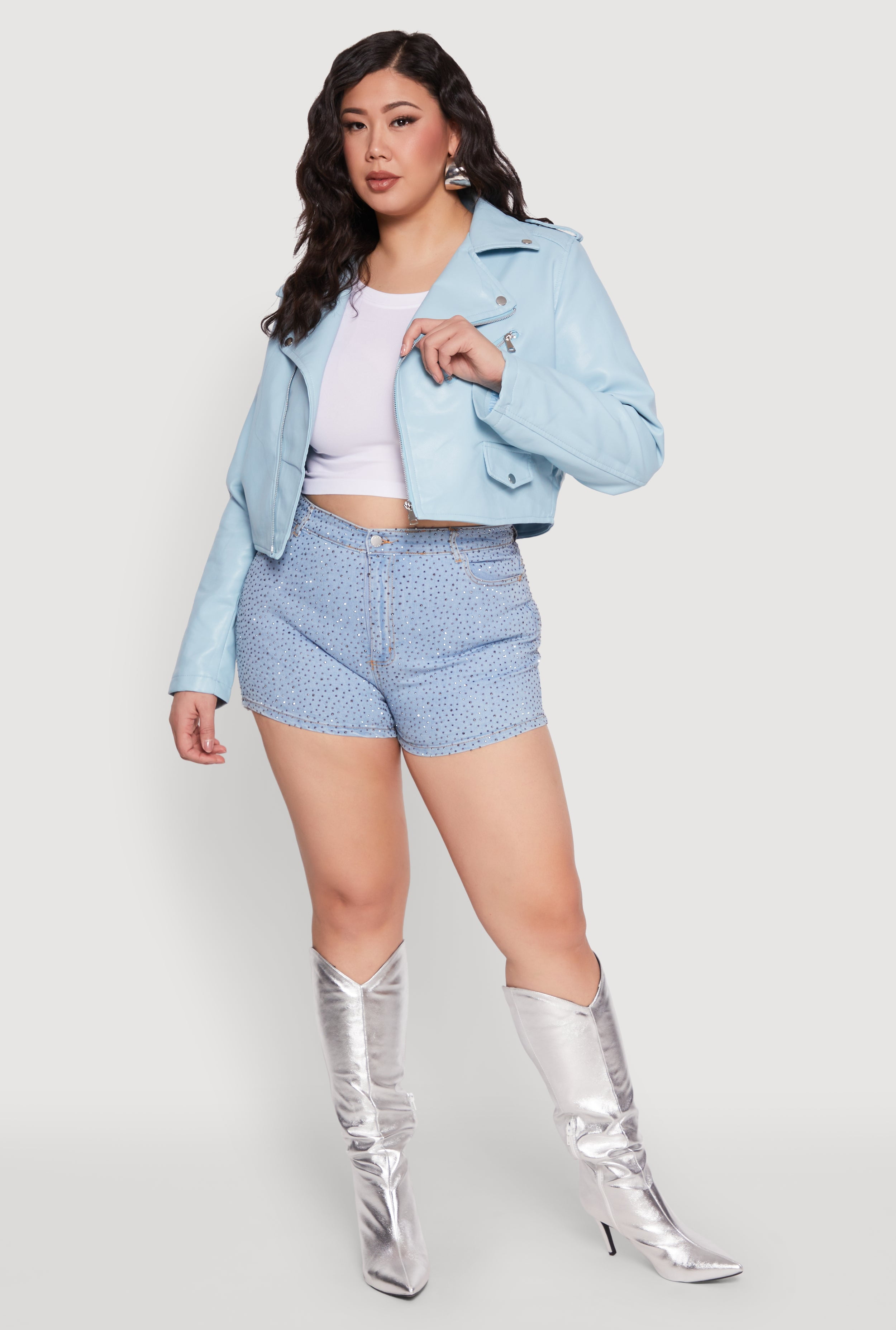 Womens Plus Size Daisy Faux Leather Cropped Moto Jacket