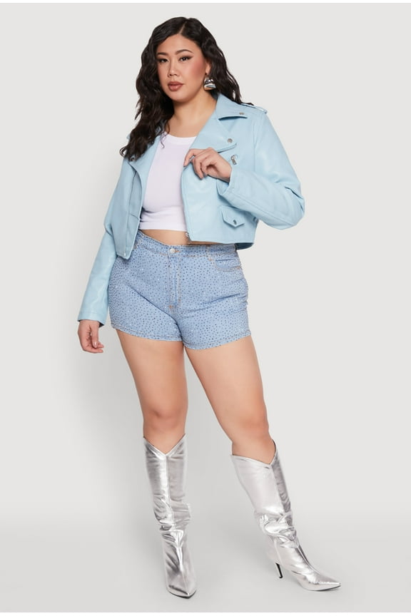 Womens Plus Size Daisy Faux Leather Cropped Moto Jacket
