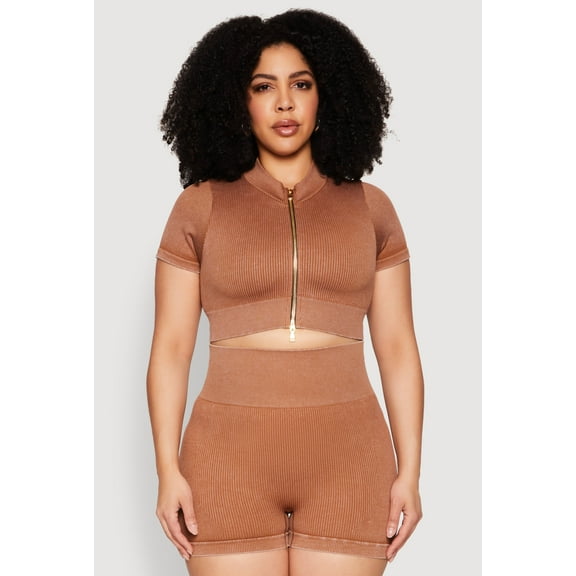 Womens Plus Size Daisy Mineral Wash Seamless Zip Front Top