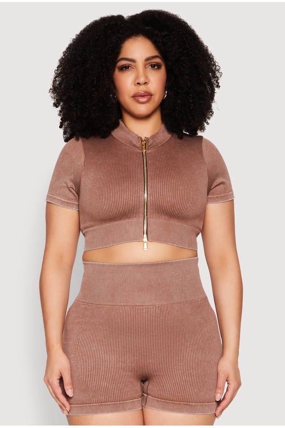 Womens Plus Size Daisy Mineral Wash Seamless Zip Front Top