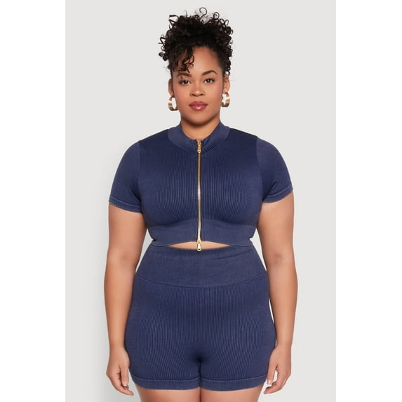 Womens Plus Size Daisy Mineral Wash Seamless Zip Front Top