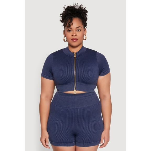 Womens Plus Size Daisy Mineral Wash Seamless Zip Front Top