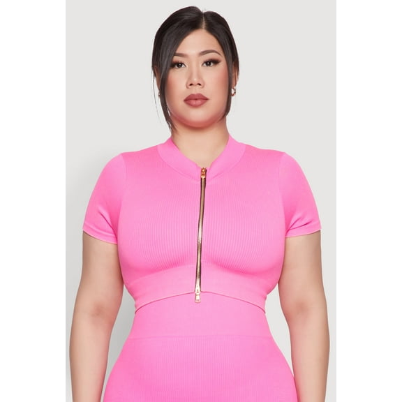 Womens Plus Size Daisy Mineral Wash Seamless Zip Front Top