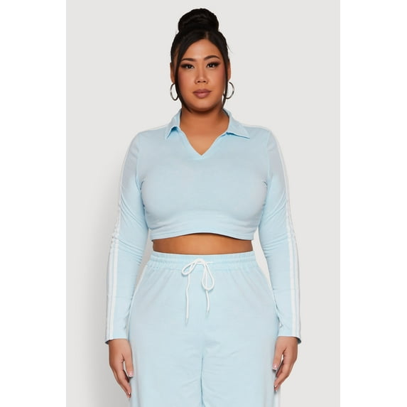 Womens Plus Size Daisy Mineral Wash Varsity Stripe Crop Top