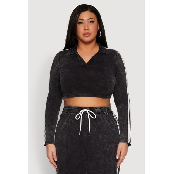 Womens Plus Size Daisy Mineral Wash Varsity Stripe Crop Top