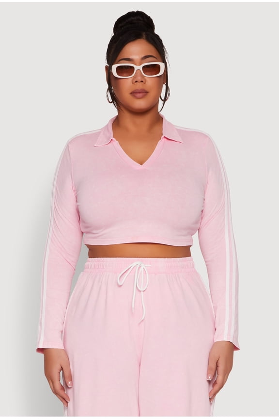 Womens Plus Size Daisy Mineral Wash Varsity Stripe Crop Top