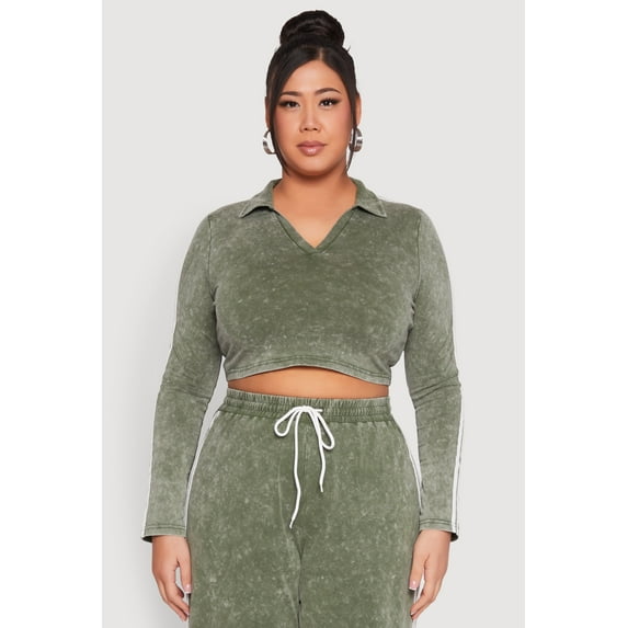 Womens Plus Size Daisy Mineral Wash Varsity Stripe Crop Top