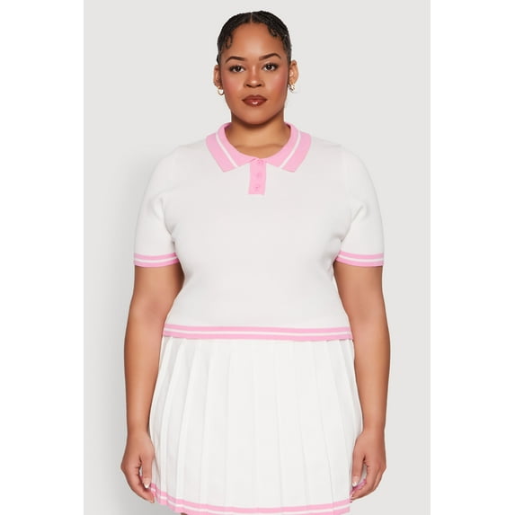 Womens Plus Size Daisy Varsity Stripe Crop Polo Tee