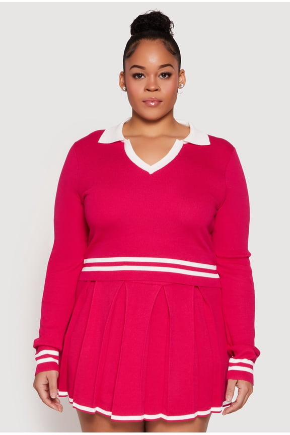 Womens Plus Size Daisy Varsity Stripe Detail Cropped Sweater