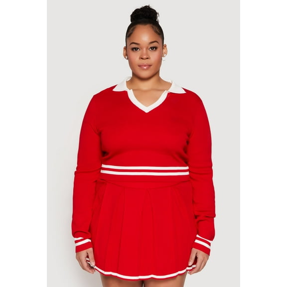 Womens Plus Size Daisy Varsity Stripe Detail Cropped Sweater