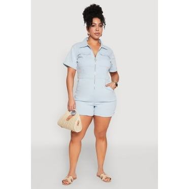 Womens Plus Size Denim Zip Front Romper