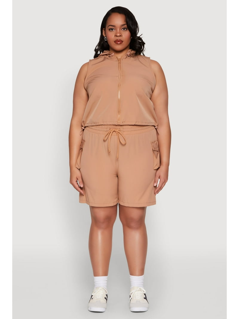 Womens Plus Size Drawstring High Waisted Cargo Shorts