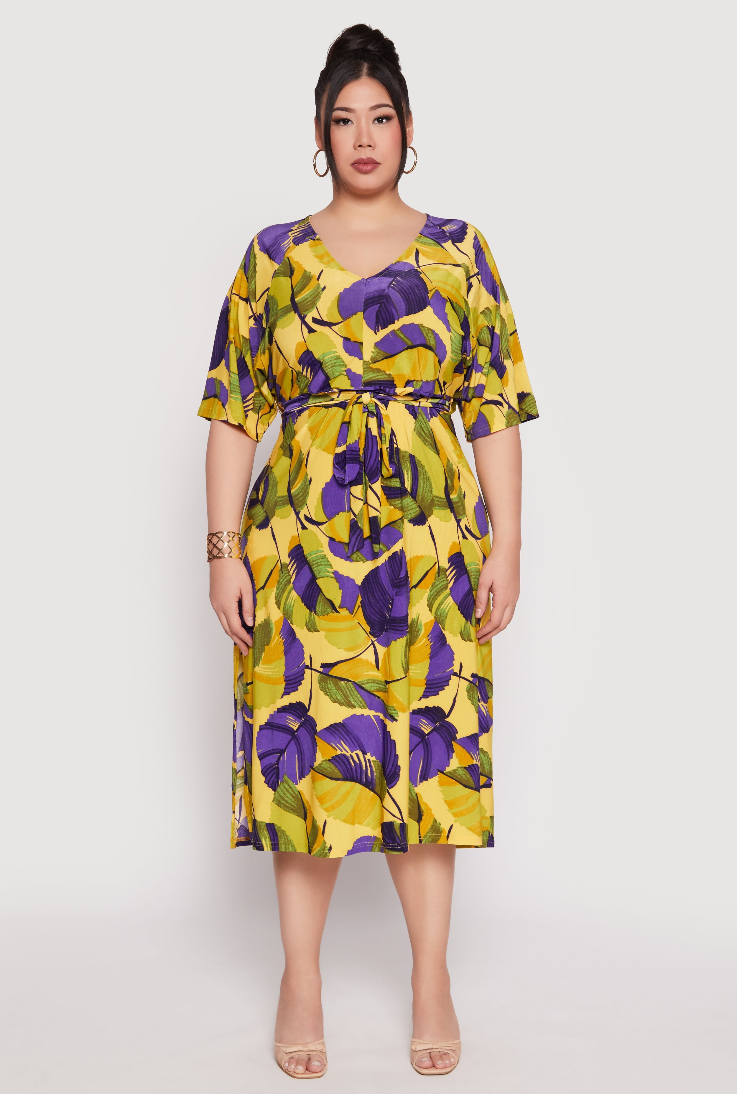 DOLAN Womens Pocketed Floral Dolman Sleeve Midi Wear To Work Fit + Flare Dress