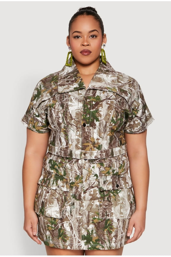 Womens Plus Size Hunter Camo Print Short Sleeve Cropped Jacket