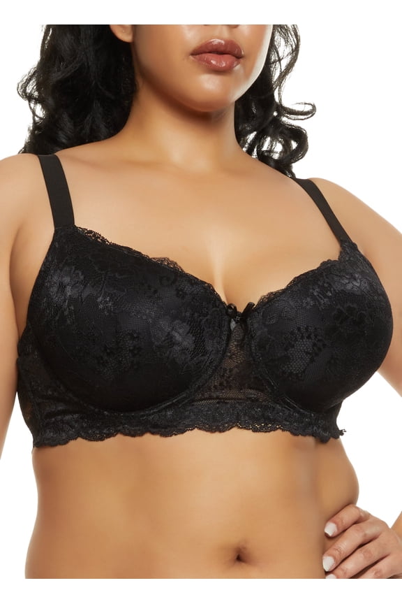 Womens Plus Size Lace Floral Patterned Plunge Bra