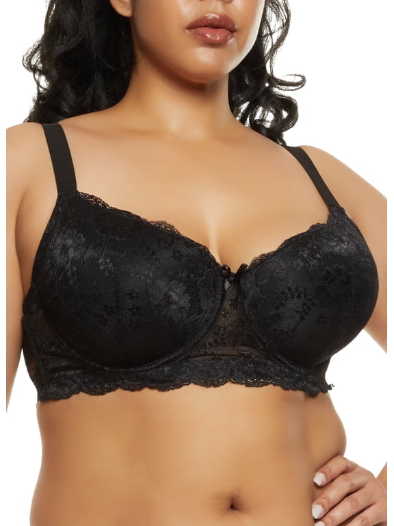 Women's Plus Size Lace Floral Patterned Plunge Bra