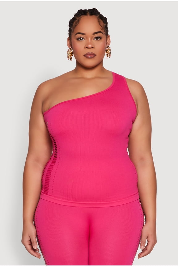 Womens Plus Size Laser Cut Side One Shoulder Top