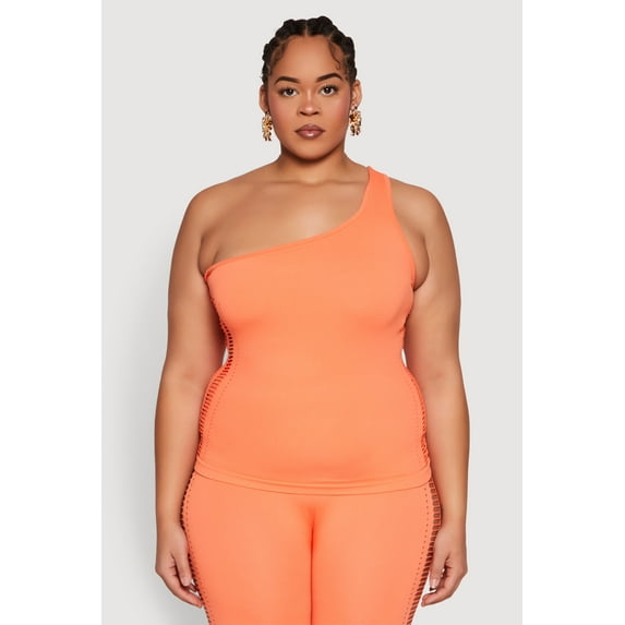 Womens Plus Size Laser Cut Side One Shoulder Top