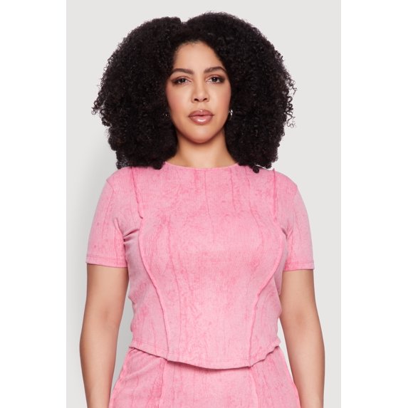 Womens Plus Size Mineral Wash Pintuck Short Sleeve Top