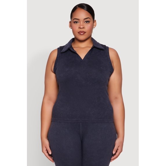 Womens Plus Size Mineral Wash Ribbed Knit Johnny Collar Top