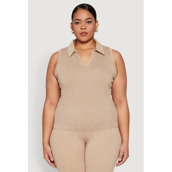 Womens Plus Size Mineral Wash Ribbed Knit Johnny Collar Top