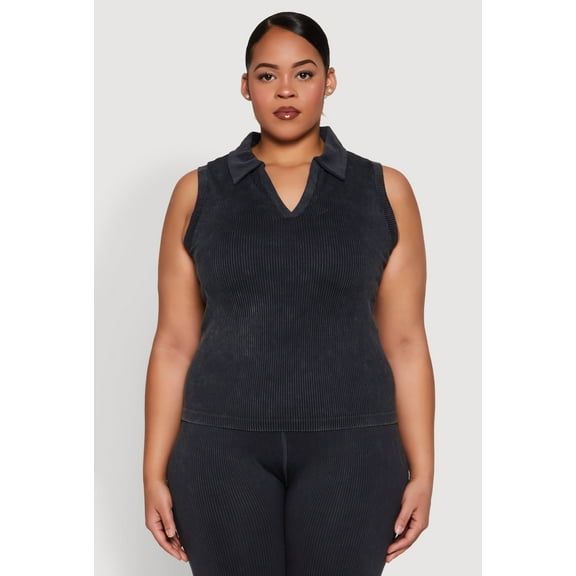 Womens Plus Size Mineral Wash Ribbed Knit Johnny Collar Top