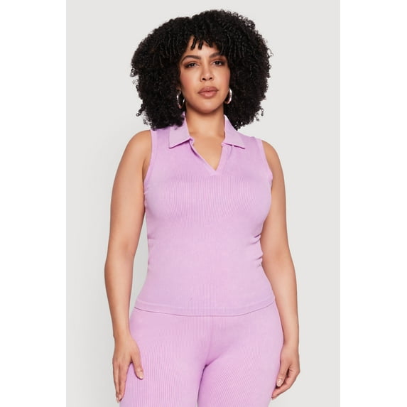 Womens Plus Size Mineral Wash Ribbed Knit Johnny Collar Top