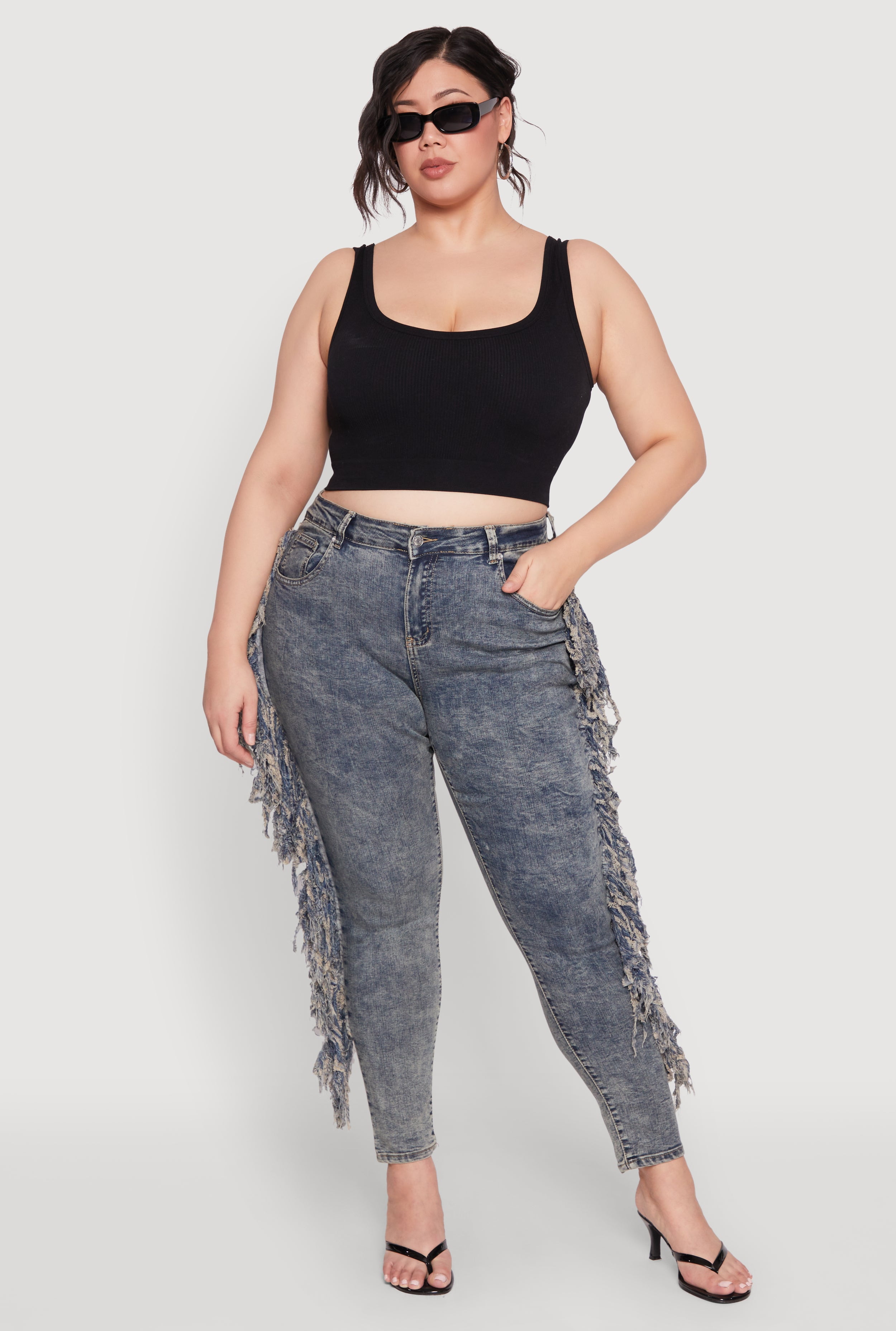 Womens Plus Size Mineral Wash Side Fringe Jeans