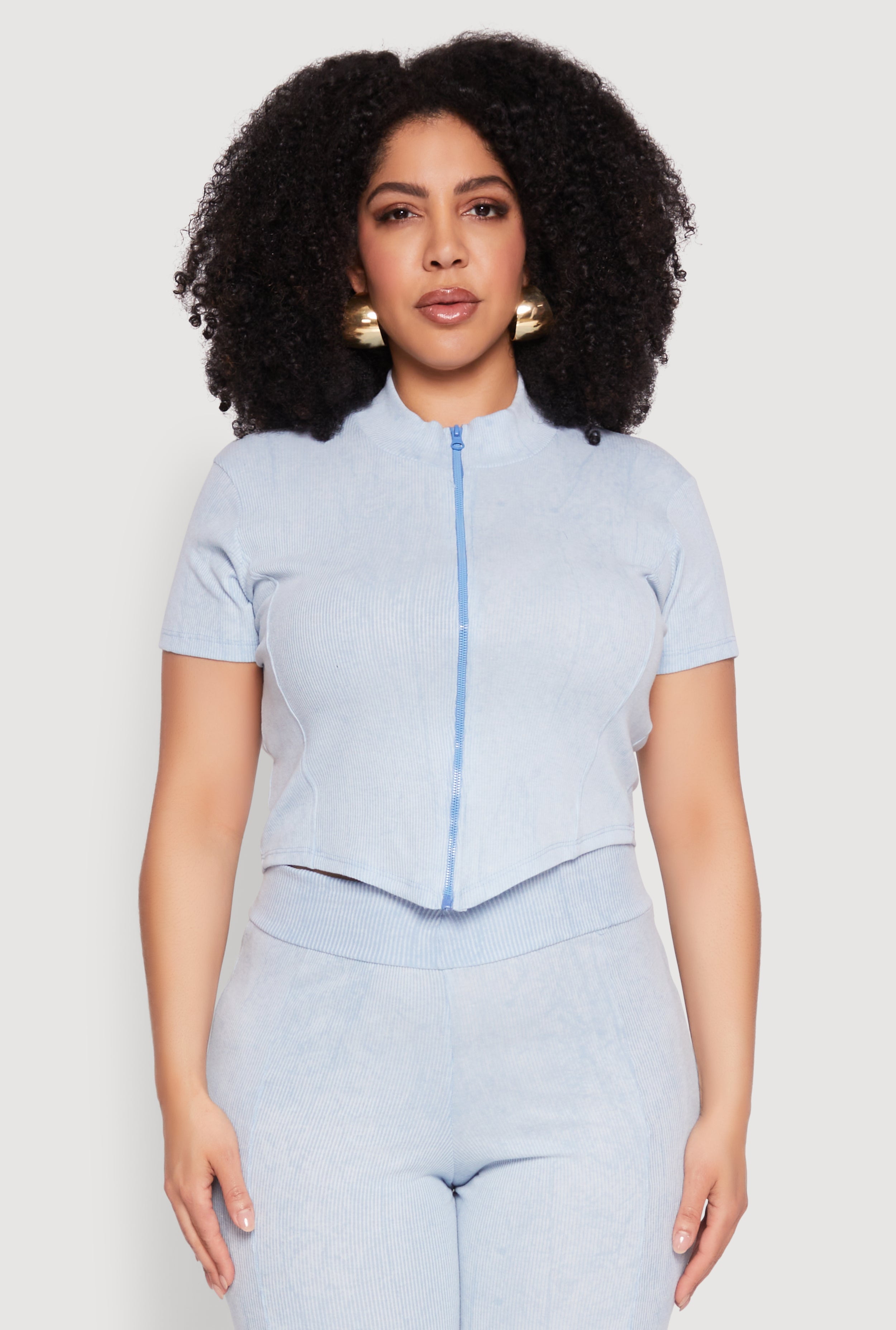 Womens Plus Size Mineral Wash Zip Front Top