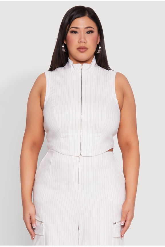 Womens Plus Size Pinstripe Zip Front Crop Top