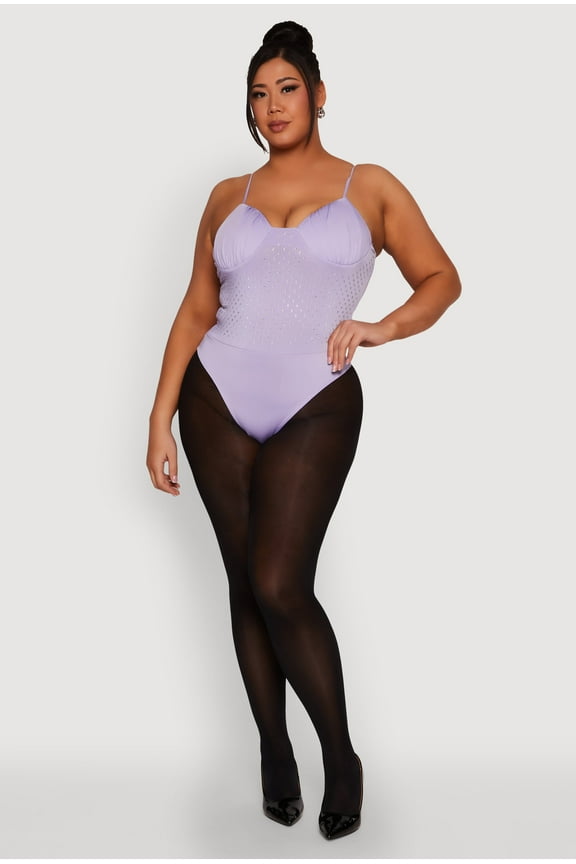 Womens Plus Size Rhinestone Ruched Padded Bustier Bodysuit