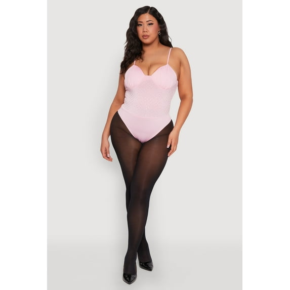 Womens Plus Size Rhinestone Ruched Padded Bustier Bodysuit