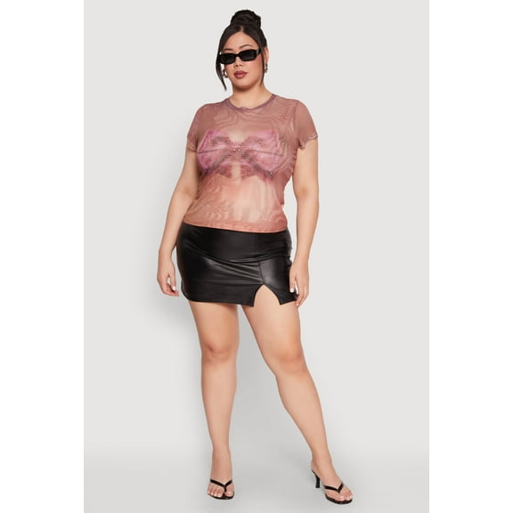 Womens Plus Size Rhinestone Studded Graphic Print Mesh Tee