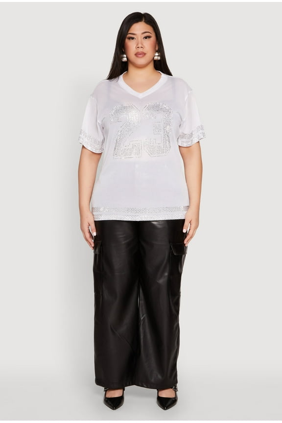 Womens Plus Size Rhinestone Varsity Stripe Mesh Jersey