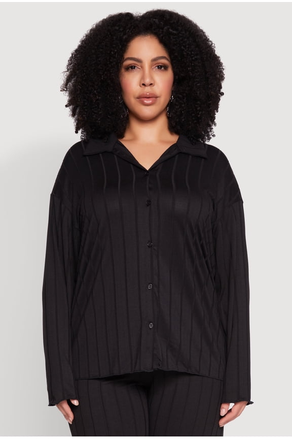 Womens Plus Size Ribbed Knit Button Front Shirt