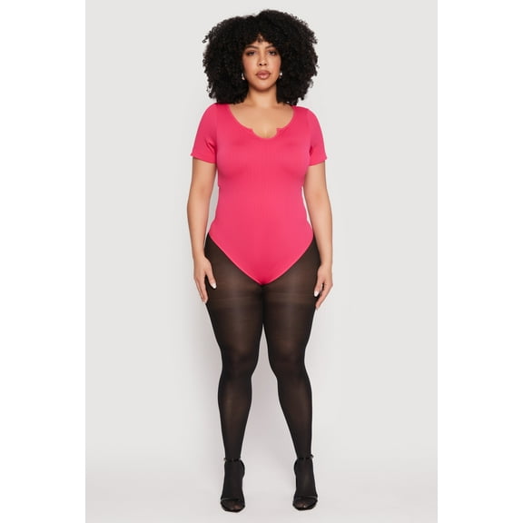 Womens Plus Size Ribbed Knit Notch Neck Bodysuit