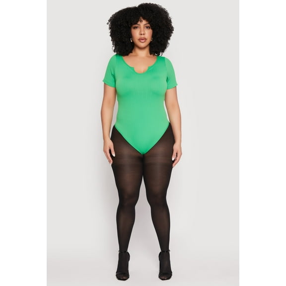 Womens Plus Size Ribbed Knit Notch Neck Bodysuit