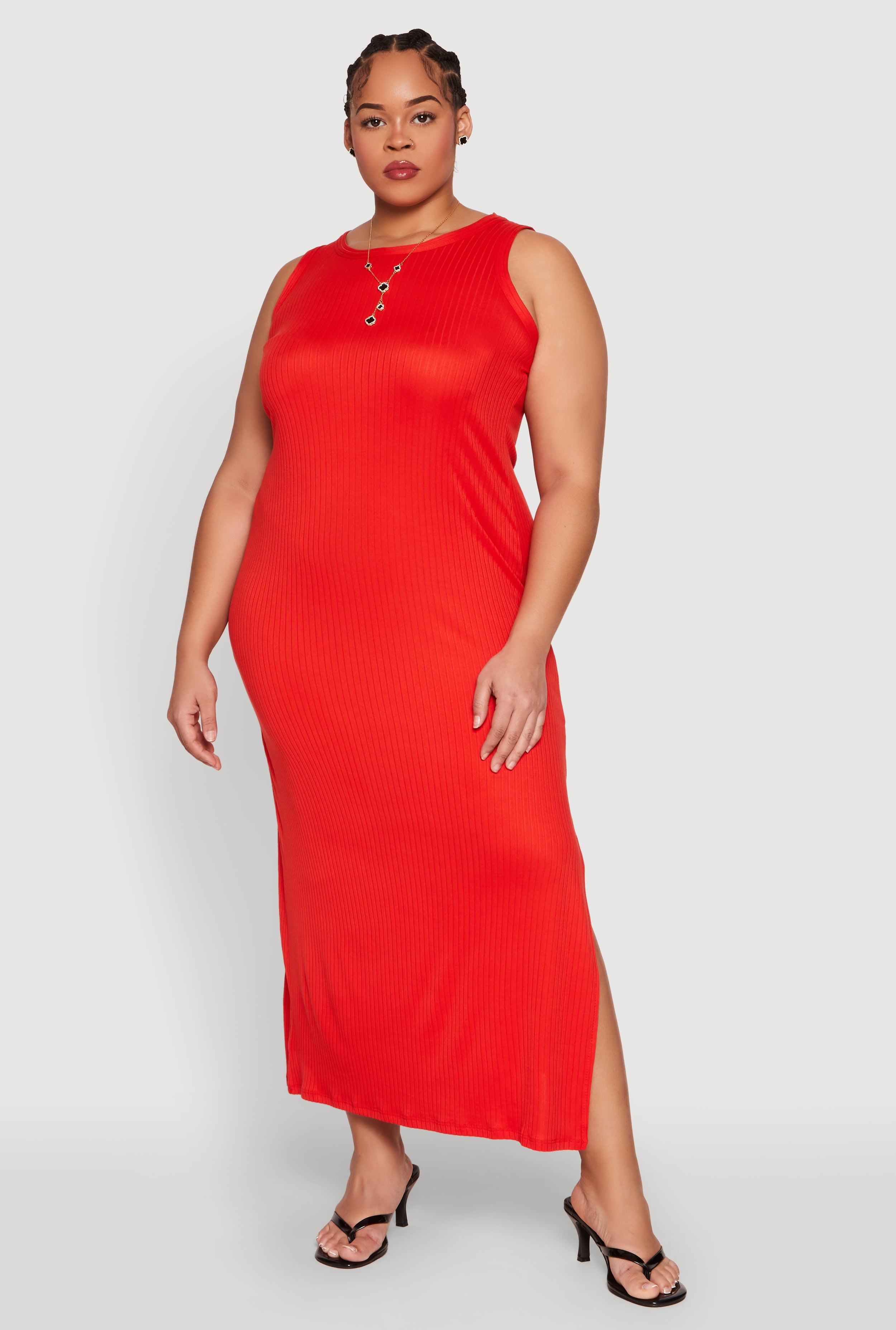Womens Plus Size Ribbed Knit Side Slit Maxi Tank Dress