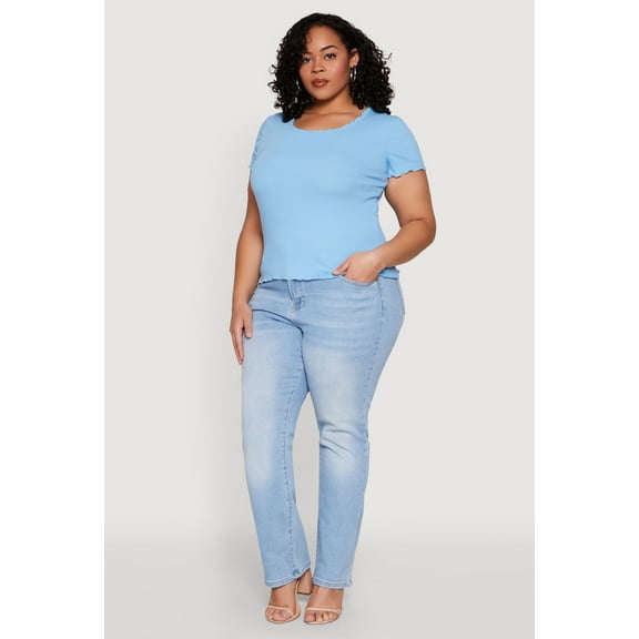 Womens Plus Size Ribbed Lace Detail Lettuce Edge Top