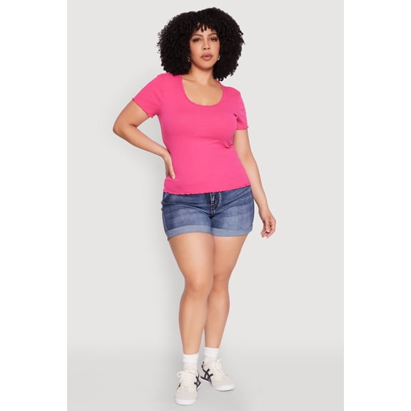 Womens Plus Size Ribbed Lace Detail Lettuce Edge Top