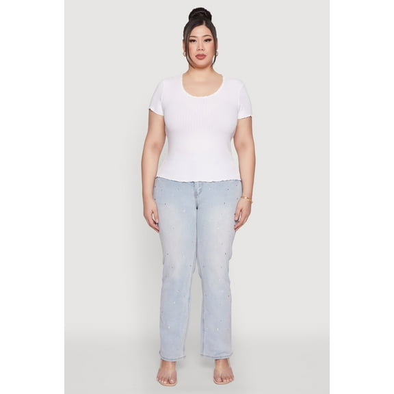 Womens Plus Size Ribbed Lace Detail Lettuce Edge Top