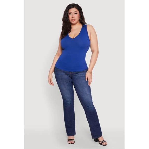 Womens Plus Size Seamless V Neck Rib Knit Top